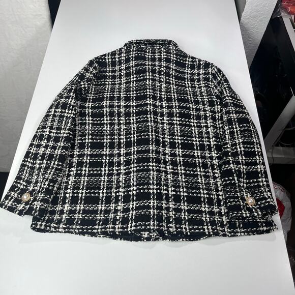 Zara Women’s Blazer‎ Jacket M Tweed Textured Plaid Black White Oversized Shacket - Picture 12 of 16